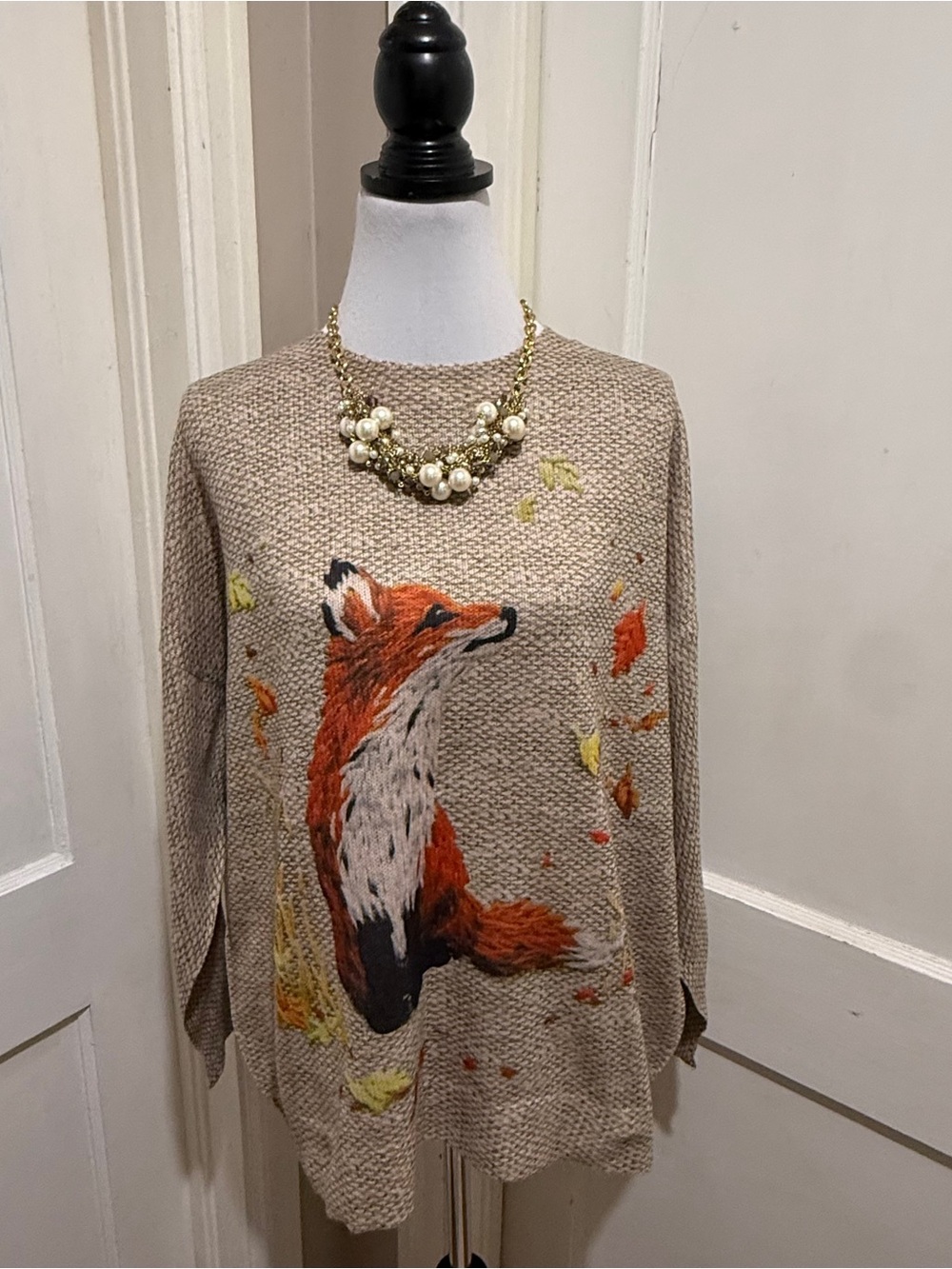 SHEIN Beige Knit Sweater with Orange Fox Motif